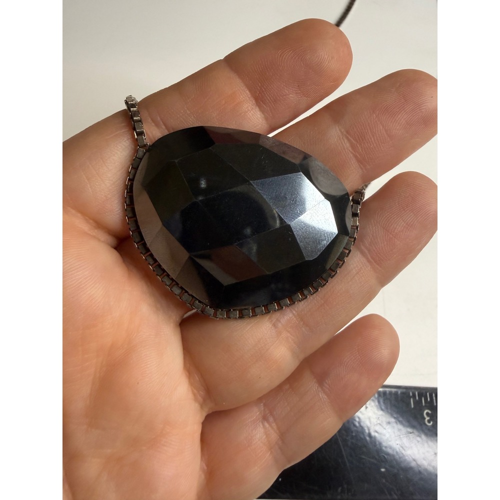 Large Faceted Black Teardrop Pendant Necklace Gunmetal Box Chain Statement